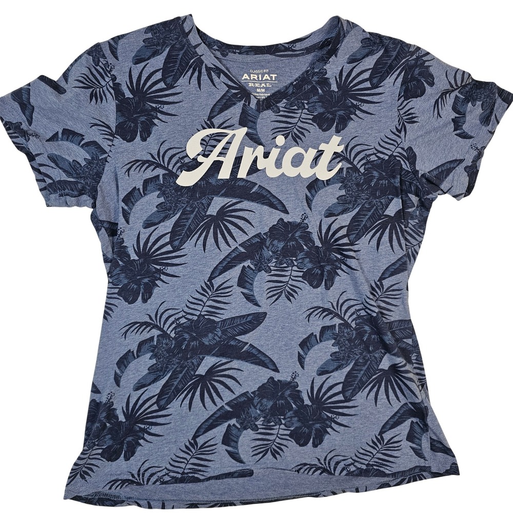 Ariat Real Womens V-Neck T-Shirt Blue Tropical Hibiscus Floral Logo Top Size M